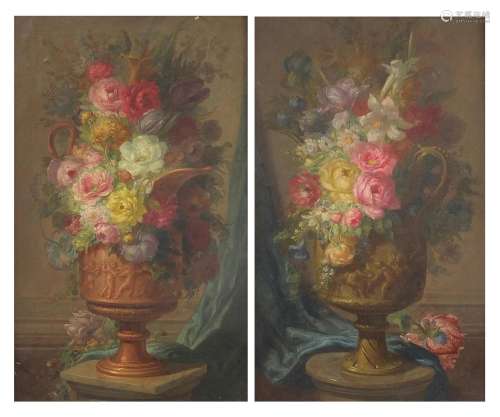 Miguel Parra Abril - Still life flowers, pair of 19th centur...