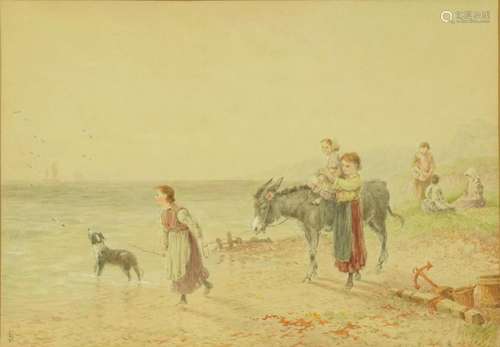 Myles Birket Foster - Coastal scene with children and donkey...