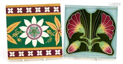 Two pottery tiles comprising a Gothic Revival Minton example...