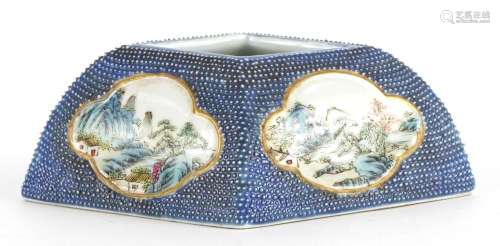 Chinese porcelain blue ground brush washer with four famille...