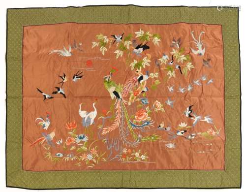 Large Chinese silk panel embroidered with birds of paradise ...