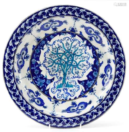 Turkish Iznik pottery charger hand painted with a tree and f...