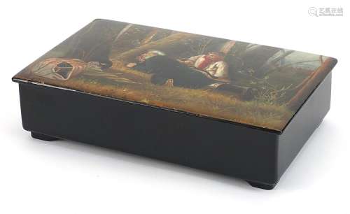 19th century Russian lacquered box hand painted with bird ca...