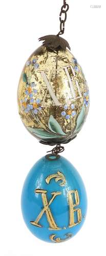 Maltsev, pair of Imperial Russian glass Easter eggs with ena...