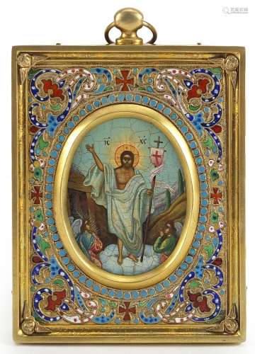 Antique Russian silver gilt Champleve enamel travelling icon...