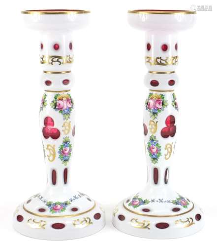 Attributed to Moser, pair of Bohemian white overlaid cranber...