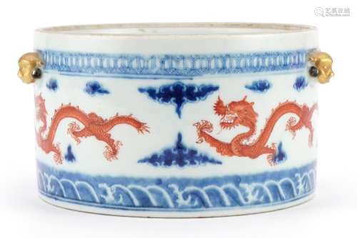Chinese blue and white with iron red porcelain censer with a...