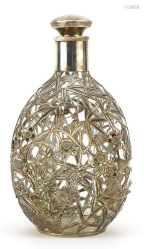 Chinese 950 silver overlaid glass decanter, pierced and embo...