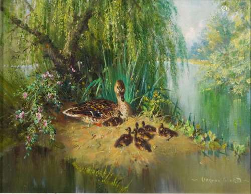 Vernon Ward - Summer Babies, ducks with ducklings, oil on ca...