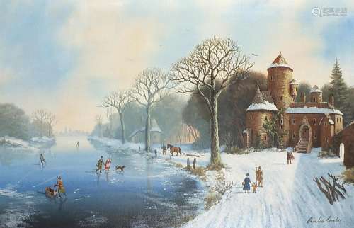 Charles Comber - Dutch winter landscape with figures ice ska...