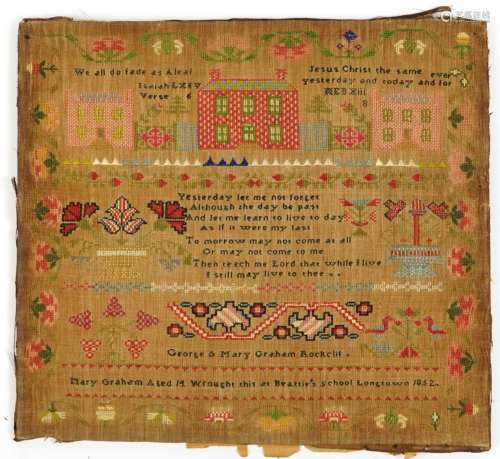 Mid 19th century needlework sampler with religious verses, f...