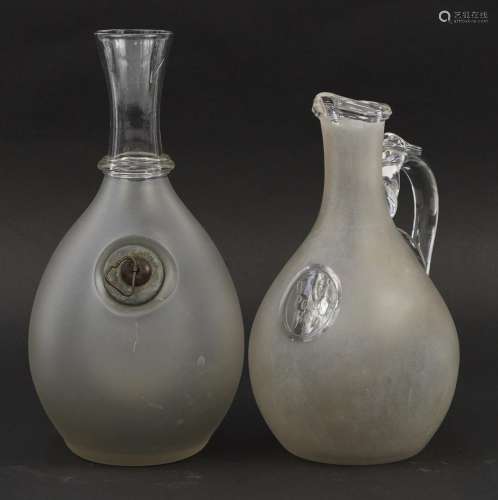 Two Victorian frosted and clear glass carafes, one etched Wh...