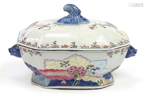 Chinese wucai porcelain tureen and cover with twin handles h...