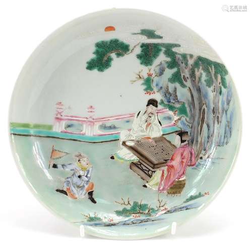 Chinese porcelain dish hand painted in the famille rose pale...