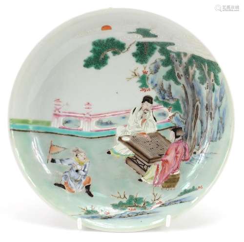 Chinese porcelain dish hand painted in the famille rose pale...