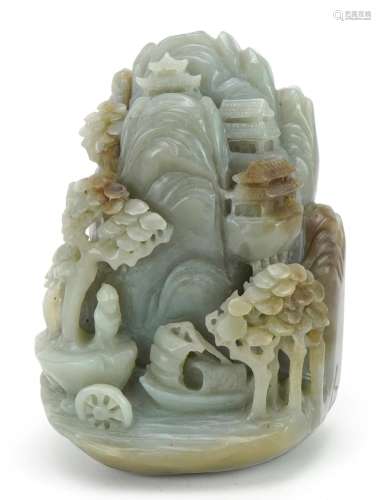 Chinese green and russet jade landscape carving of a fisherm...