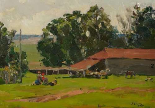 Farm buildings with figures and horses, Post-Impressionist o...