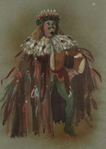 Figure wearing robes and a crown, theatrical ink and waterco...