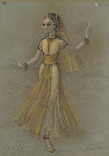 Female in costume dancing, theatrical ink and watercolour, i...
