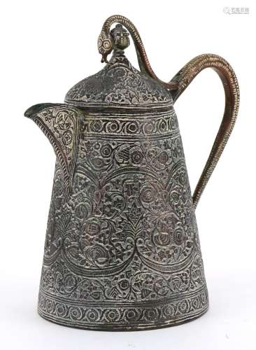 Indian copper jug with serpent handle profusely engraved and...