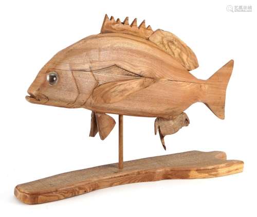 Clive Fredriksson, wooden carving of a piranha fish, 35cm hi...