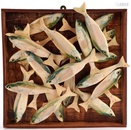 Clive Fredriksson, wood carving of fish on a tray, 39cm x 37...