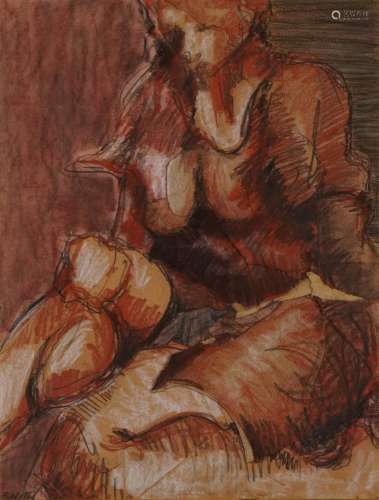 Abstract composition, seated female, mixed media, inscribed ...