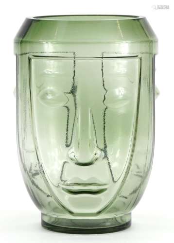 Scandinavian design green glass vase with faces, 28cm high
