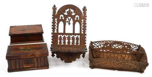 Victorian and later woodenware including gothic folding pipe...