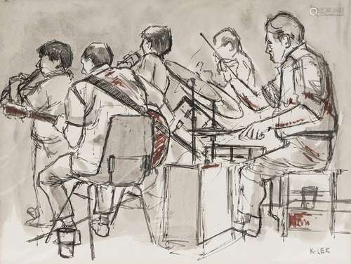 Karel Lek - Clive Evans Quintet, Welsh pen and ink wash on p...