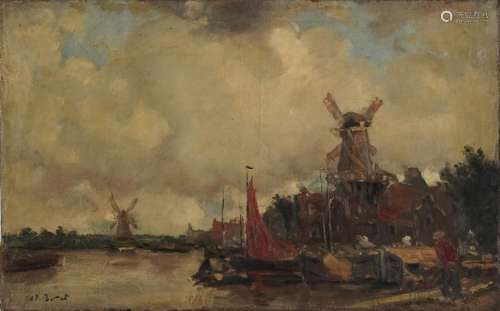 Continental harbour scene with windmills, oil on canvas, ind...