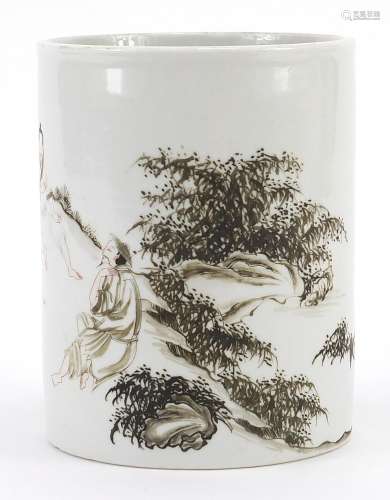 Chinese porcelain en grisaille brush pot hand painted with f...