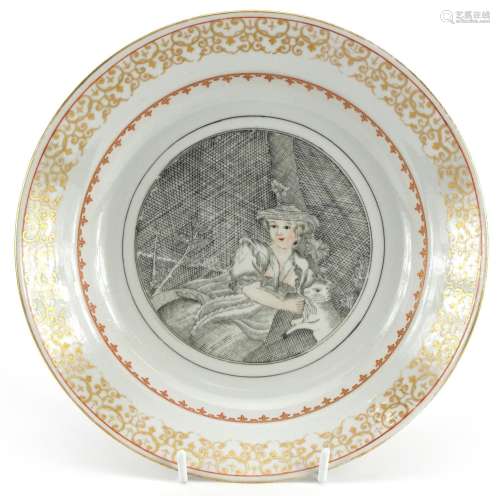 Chinese European en grisaille porcelain plate with gilt bord...