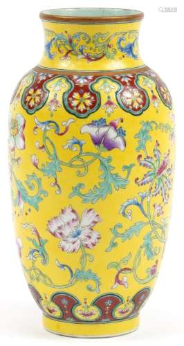 Chinese porcelain yellow ground vase hand painted with flowe...