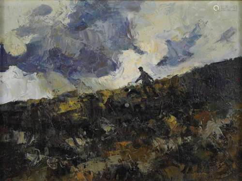 Moorland landscape with figure and dog, Welsh School oil on ...