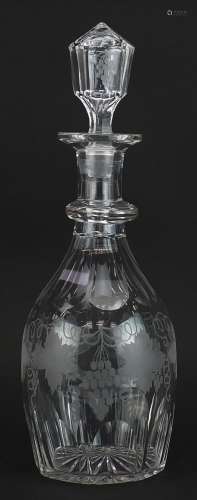 Victorian cut glass decanter etched with leaves and berries,...