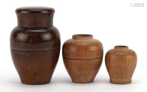 Set of Victorian Tunbridge Ware treen stacking jars with sta...