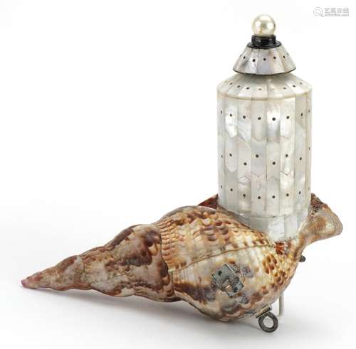 Indian Goa mother of pearl and shell powder flask, 20.5cm in...