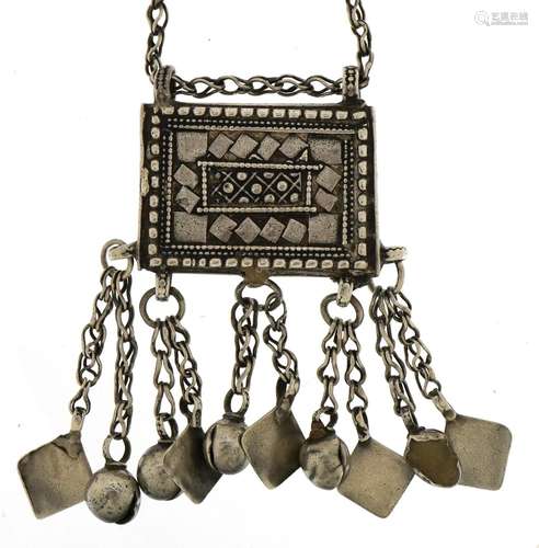 Omani unmarked silver amulet on unmarked silver chain, the a...