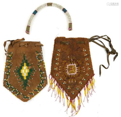 Two African tribal interest leather satchels with beadwork d...