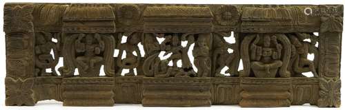 Burmese hardwood panel carved with deities and flowers, 76cm...