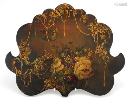 Regency lacquered pole screen hand painted with a bird among...