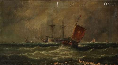 Naval ships in a storm, 19th century maritime interest oil o...