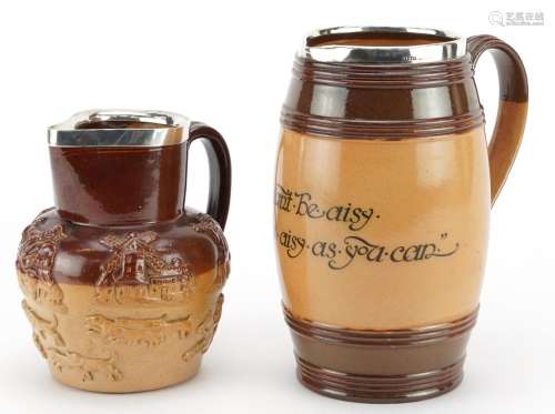 Doulton Lambeth stoneware jug with silver rim inscribed If y...