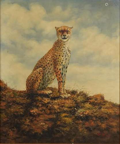 Seated cheetah in a landscape, impasto oil on canvas, indist...
