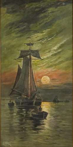 G Ward - Sailing boats on moonlit water, oil on canvas, fram...