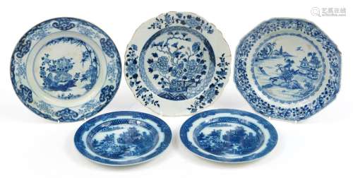 Three Chinese blue and white porcelain plates hand painted w...