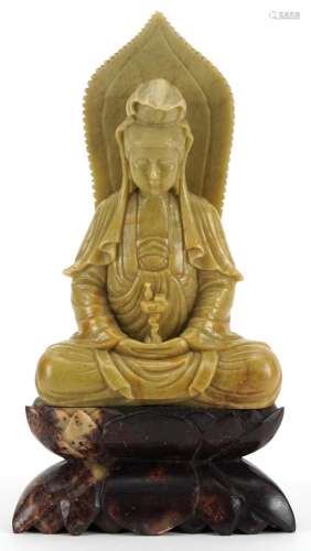 Chinese soapstone carving of seated Buddha on stand, 24cm hi...