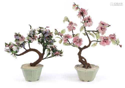 Two large Chinese glass bonsai trees housed in celadon plant...