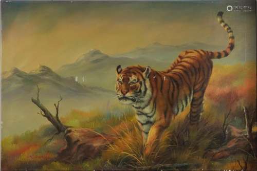 Tiger before a mountainous landscape, oil on canvas, indisti...